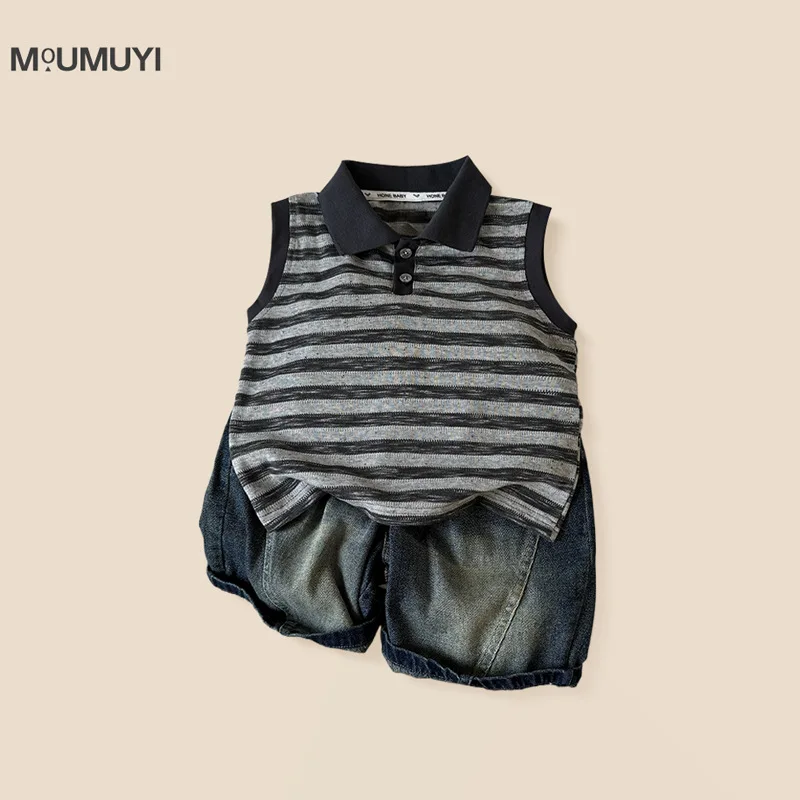 

Летний комплект одежды из 2 предметов для мальчиков, муслиновый полосатый жилет для маленьких мальчиков, рубашки-поло, костюмы, свободные повседневные джинсовые шорты, наряды