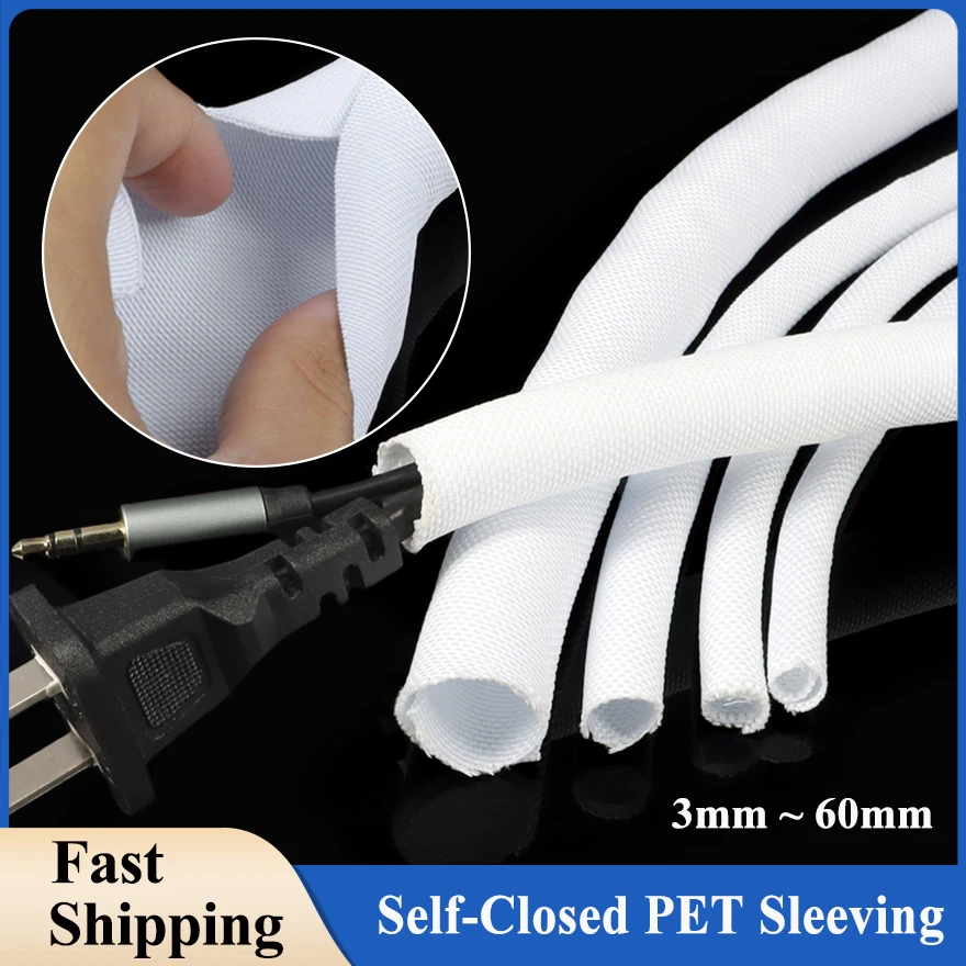 

1 - 10m White 3 ~ 60mm PET Braided Self-Closed Sleeve Office Cable Organiser Household Appliance Wire Harness Wrapping Sleeving