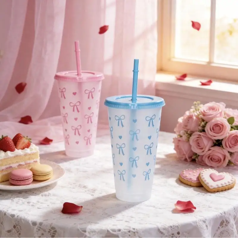 Leak-proof 24OZ/710ml Bowknot Plastic Cup with Lid & Straw BPA Free Reusable Drinking Cup for Summer Home Office Coffee