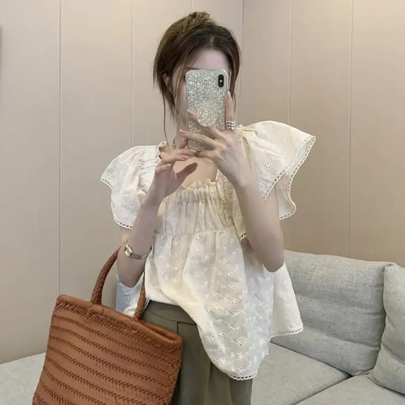 

Summer Youth Sweet Short Pleated Shirt Tops New Solid Color Hollow Out Square Collar Simplicity All-match Korean Women Clothing