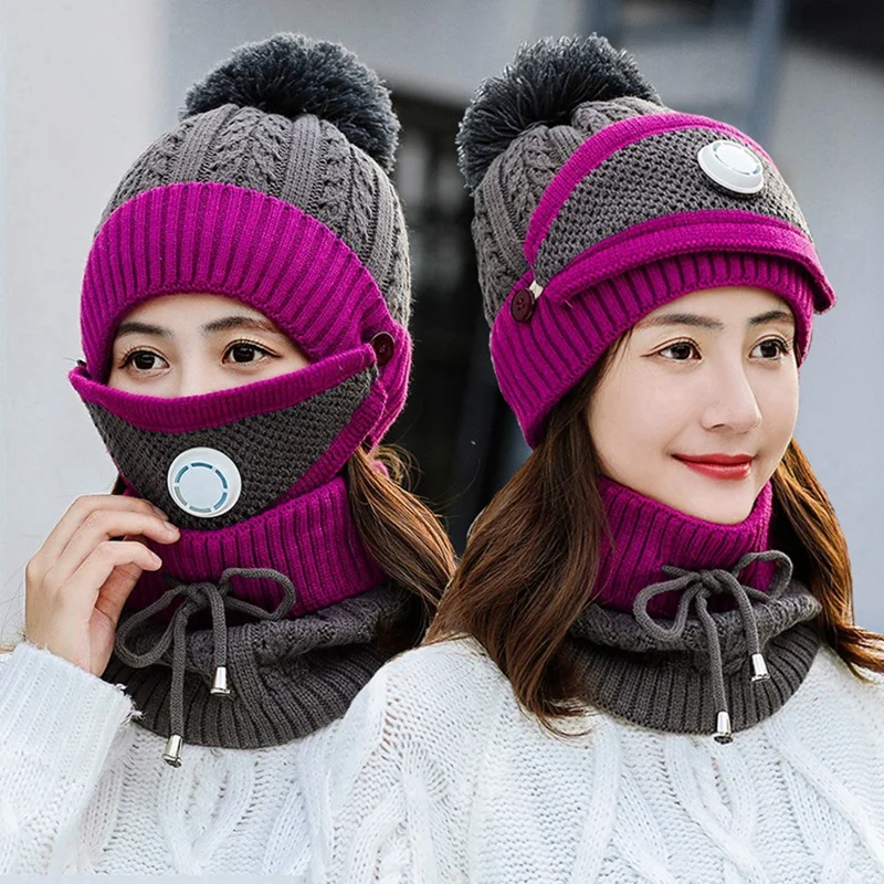 HOT！-3-Piece Women's Winter Knitted Set: Fashionable Wool Hat, Warm Face Mask, And Neck Scarf