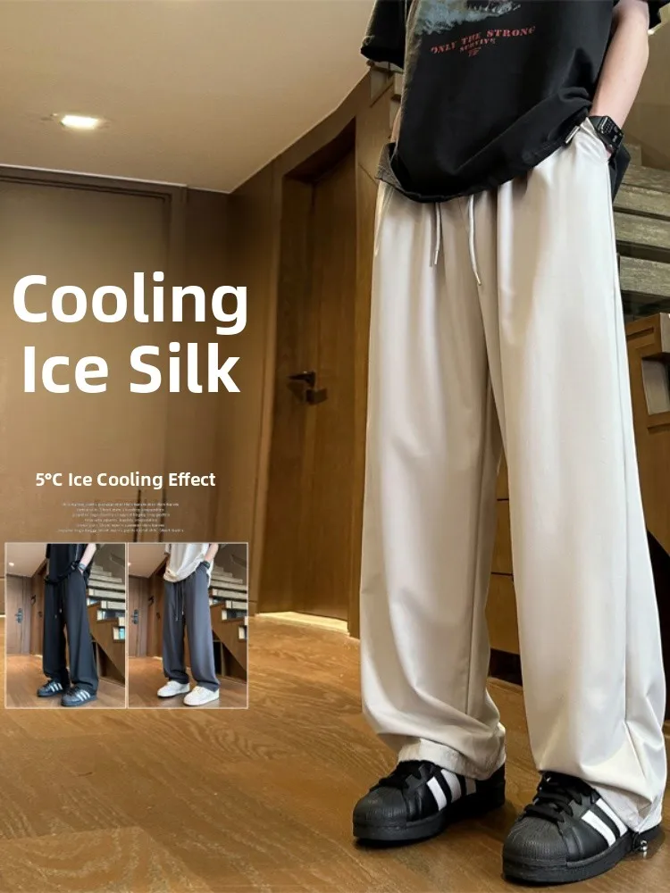 

Мужские летние тонкие быстросохнущие спортивные брюки из ледяного шелка с широкими штанинами, прямые, повседневные, длинные, в американском уличном стиле хип-хоп, свободного кроя