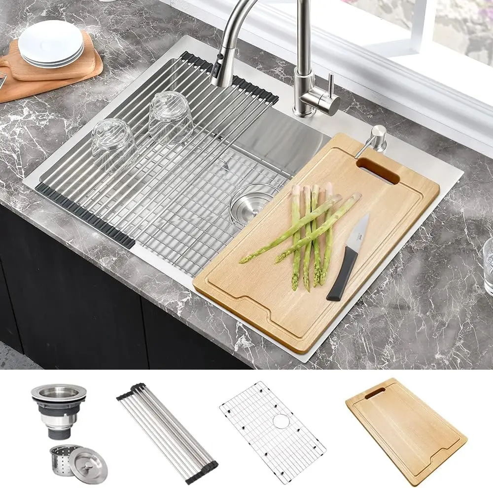 

31' Drop-In Kitchen Sink, 16-Gauge Stainless Steel Single Bowl with Cutting Board