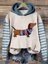 Women's Kawaii Watercolor Hoodie Dachshund Print Striped Sleeves Spring Autumn Winter Warm Casual Fashion Sweatshirt