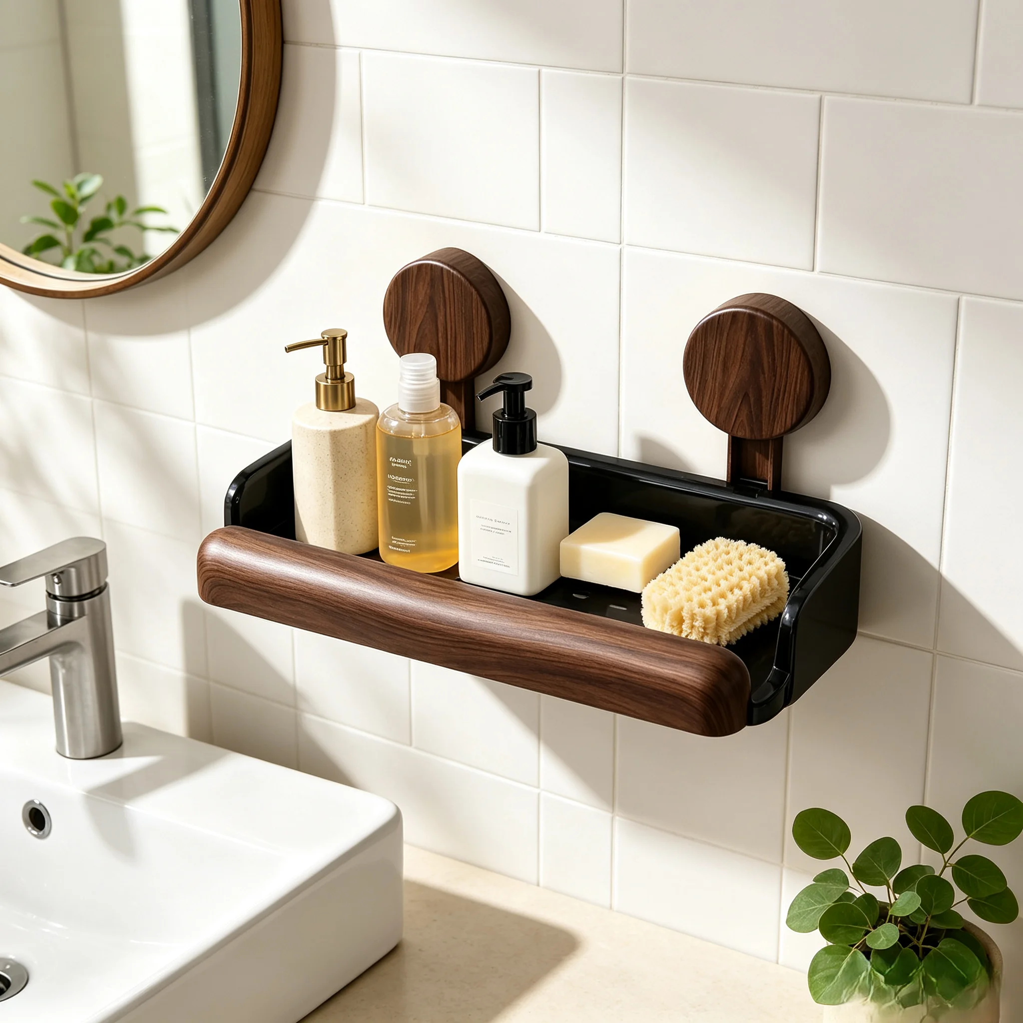 Retro Wood‑Finish No‑Drill Wall Caddy, Reusable Suction Rectangular Storage Rack for Shower, Bathroom Vanity, Toilet Area & Kitchen Multi‑Purpose Organization