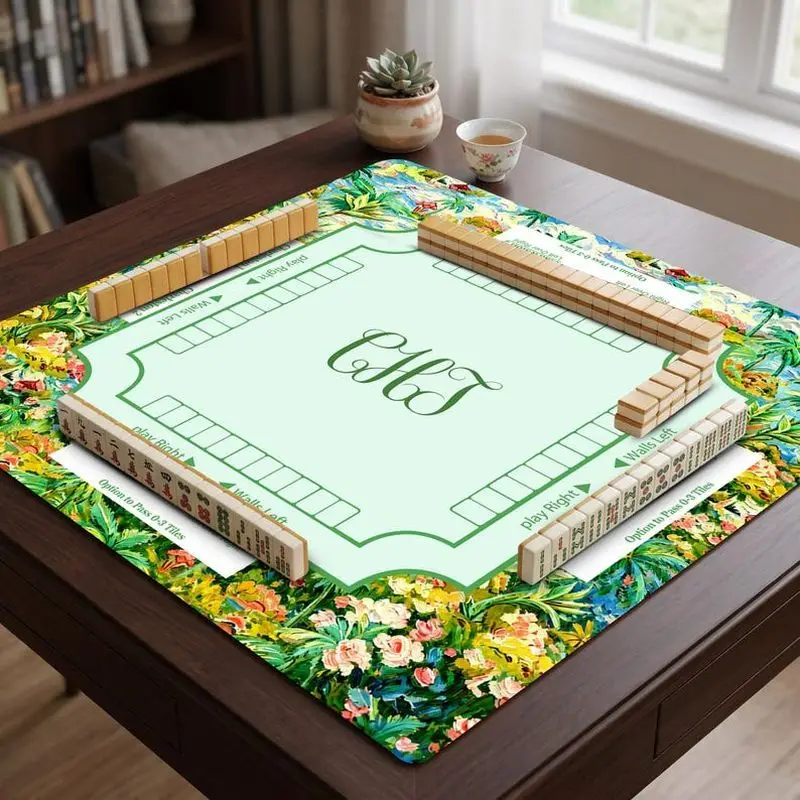 VIKAMA Mint Green Tropical Island Floral Mahjong Mat Multi Rule Zoned Vacation American Mahjong Table Pad Non Slip Noise