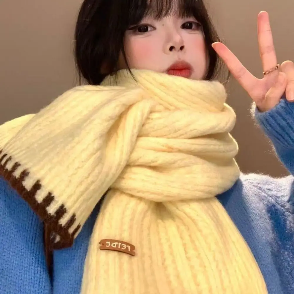 Fashion Knitted Women Knit Yarn Scarf Warm Windproof Cold Proof Neck Wrap Two Tone Edge Thermal Fall Winter Scarf Women