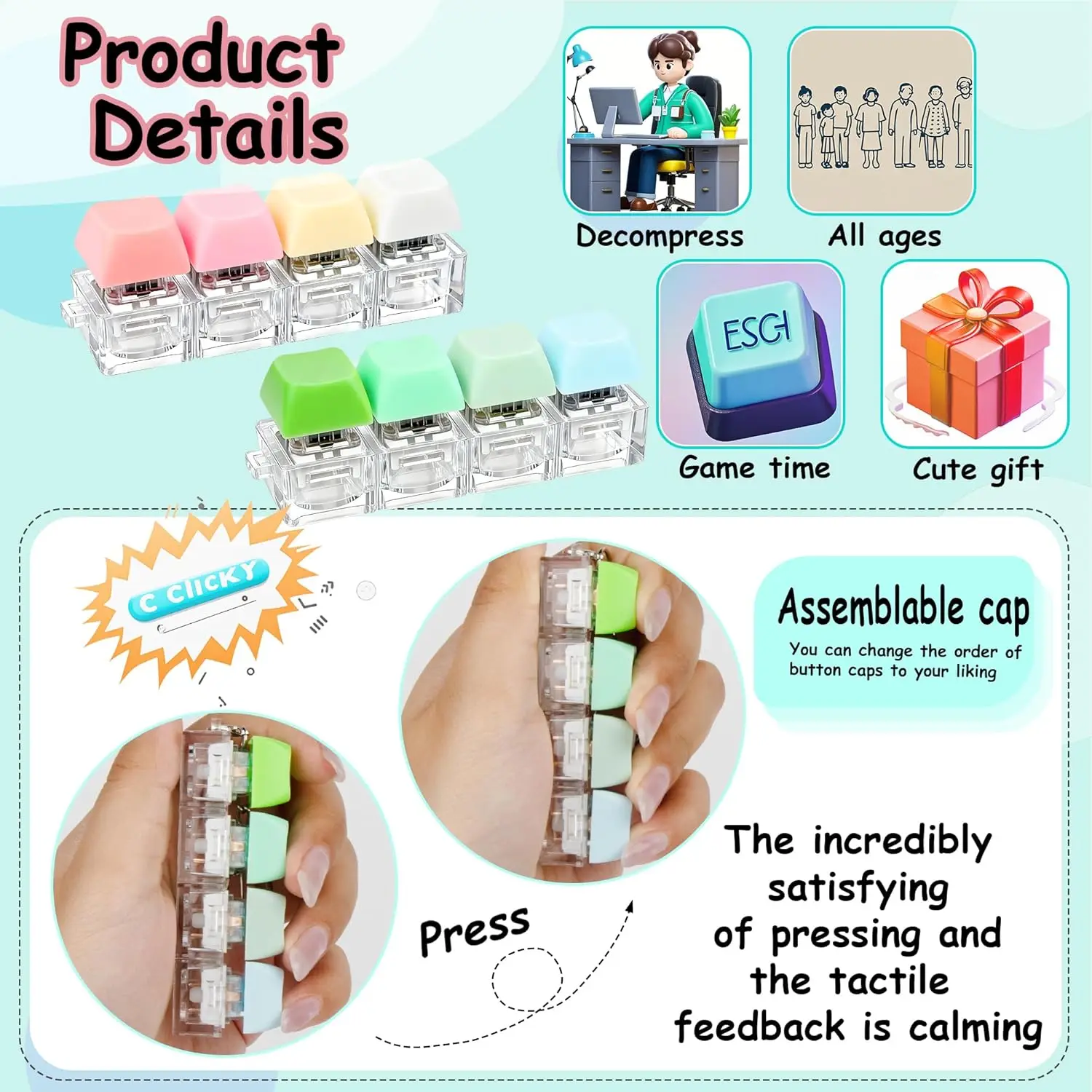 Keyboard Fidget Toy 4-in-1 Keyboard Decompression Button Finger Clicker Toys, Button Stress Relief Keychain Fidget Gifts