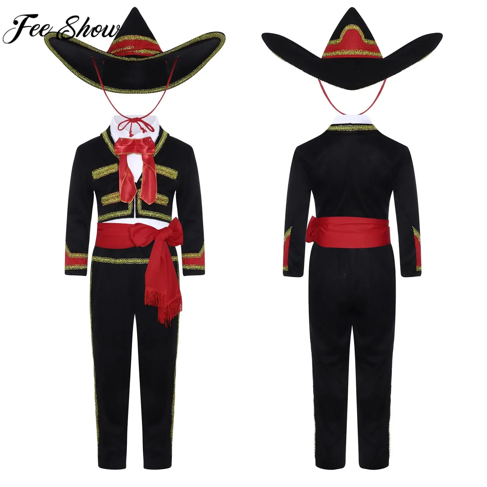 Kids Boys Halloween Mexican Traditional Mariachi Cosplay Performance Costume Day of The Dead Masquerade Party Role Play Clothes