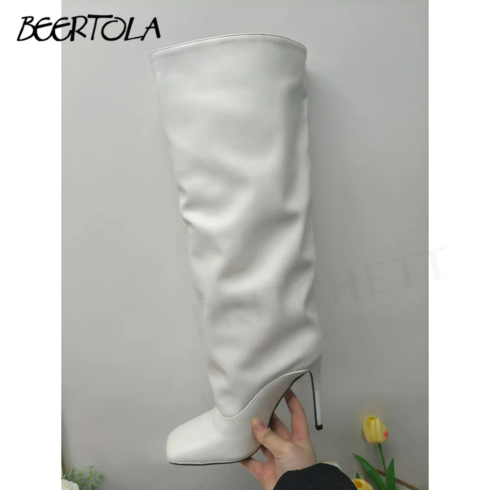 Solid Color Leather Square Toe Boots Stiletto Heels Fashionable Sleeve High Boots Fashion Temperament Large Size Women's Boots