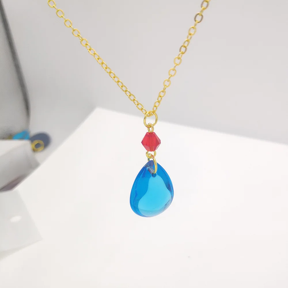Water Drop Blue Crystal Necklace Stainless Steel Anime Style Transparent Gem Pendant Adjustable Daily Wear Jewelry