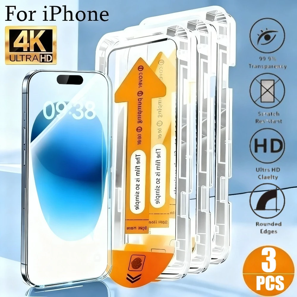 

3 шт. ультра прозрачная защитная пленка для экрана для iPhone 17 16 15 14 Pro Max Air 16e 15 Plus 13 12 11 Pro Mini One Click Installation Glass