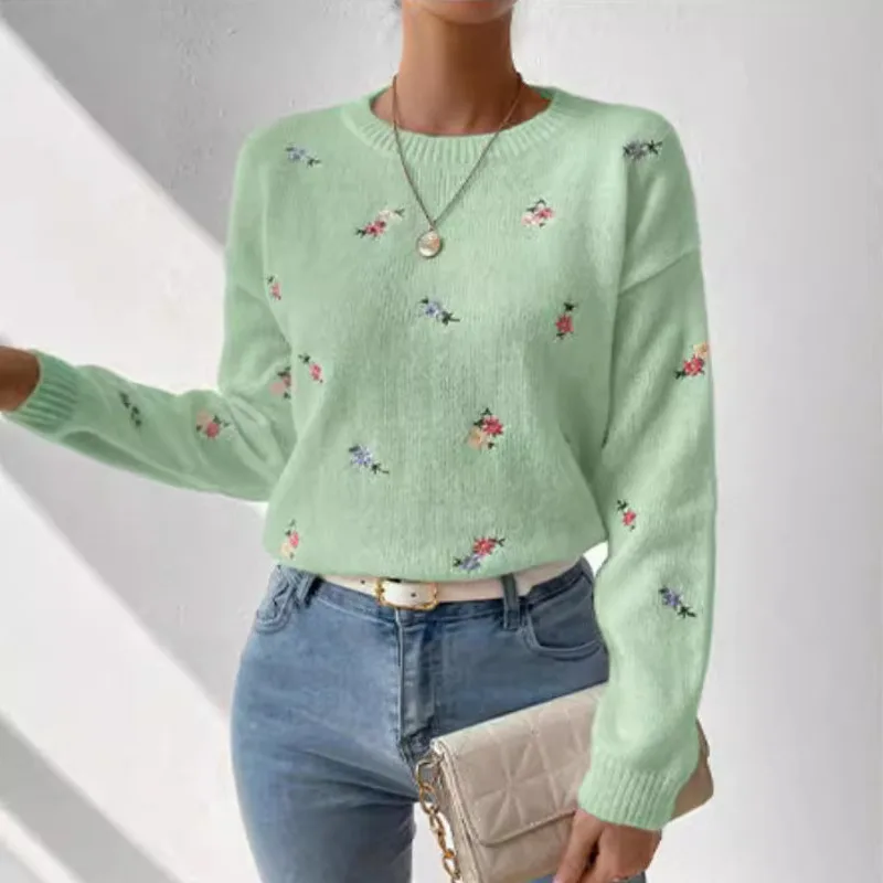 Primavera y otoño Casual elegante suéter de mujer bordado de flores cuello redondo manga larga fuera del hombro dulce Top