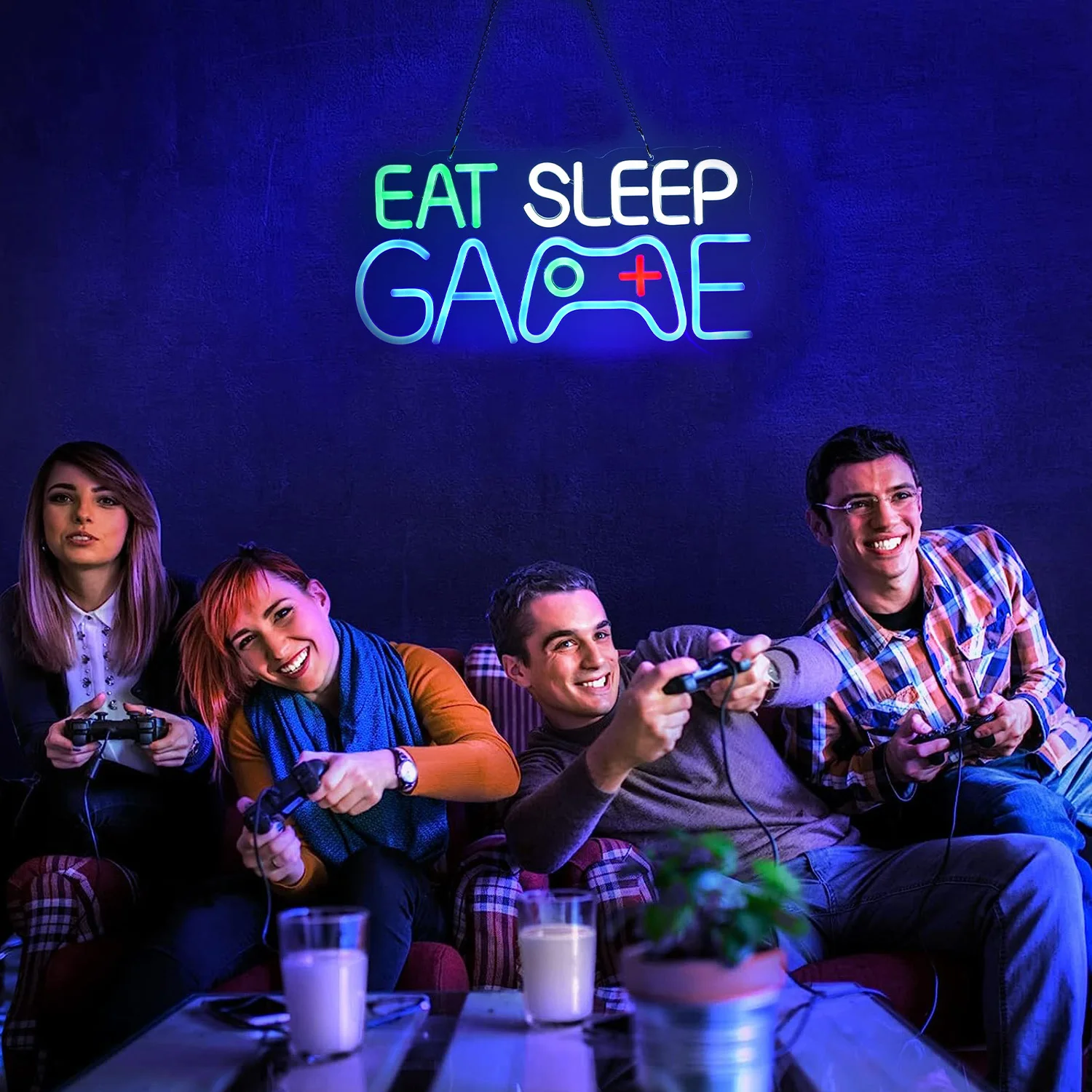 يتميز ضوء النيون في غرفة الألعاب بتصميم رائع وحيوي، مثالي لتزيين إعدادات الألعاب أو المناطق الترفيهية. فكرة