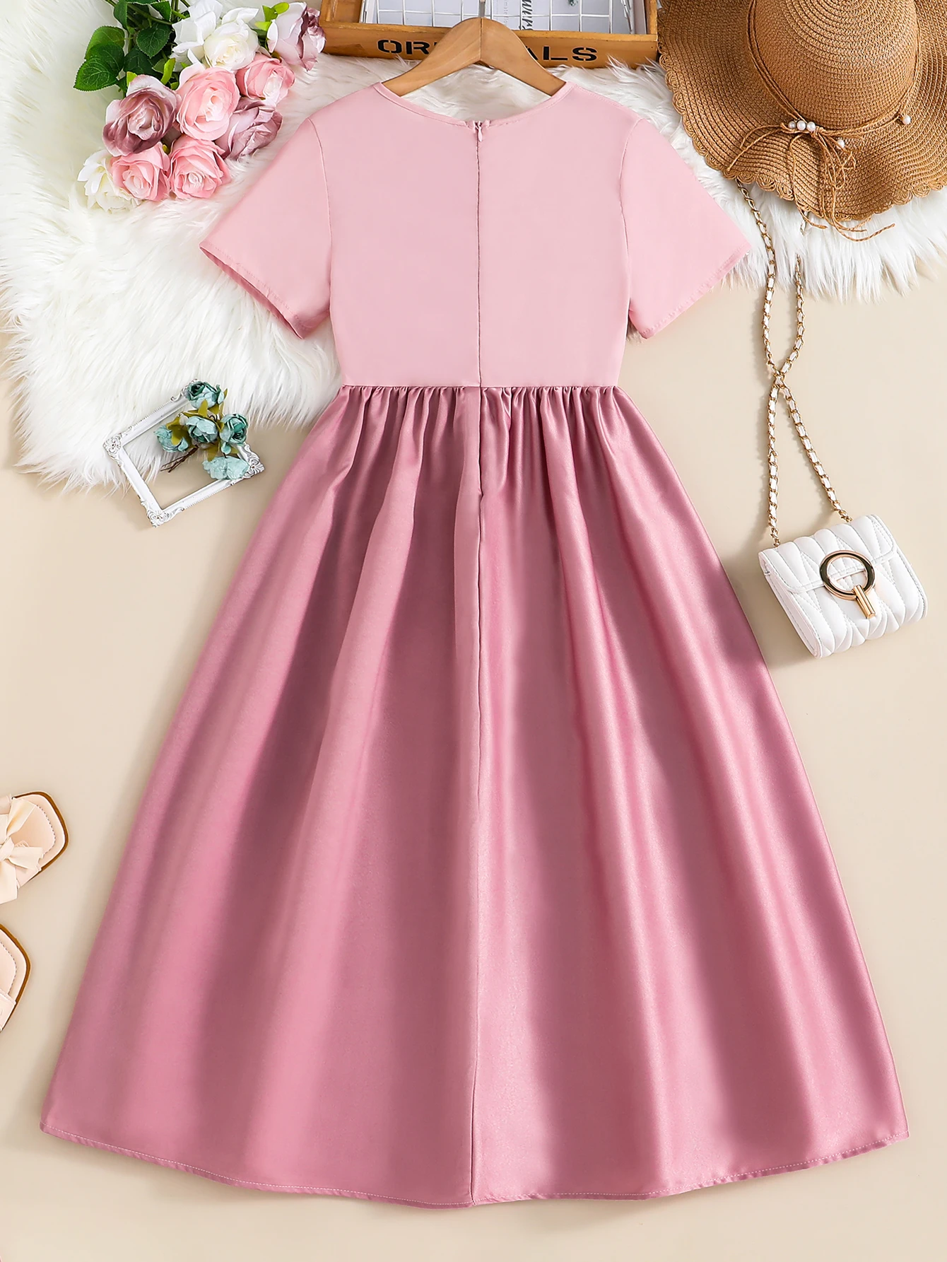 Summer Retro Elegant Girls\' Waist Decal Round Neck Zipper Short Sleeved Solid Color Medium Long Dress