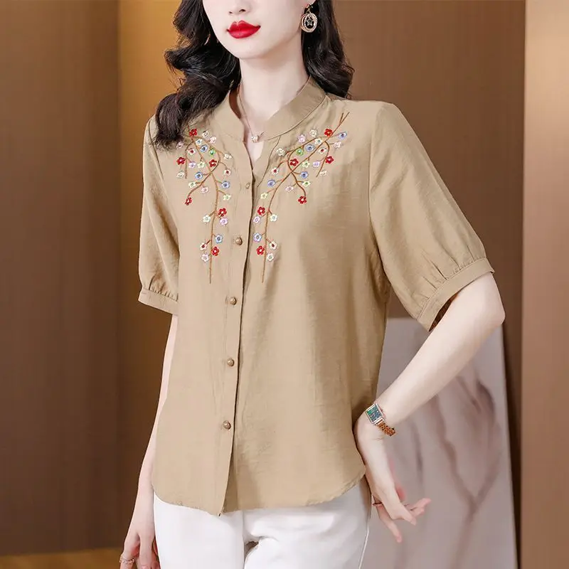

New Mother Embroidered Shirt for Women's Fashionable Short-sleeved Cotton Top Loose Casual Shirts