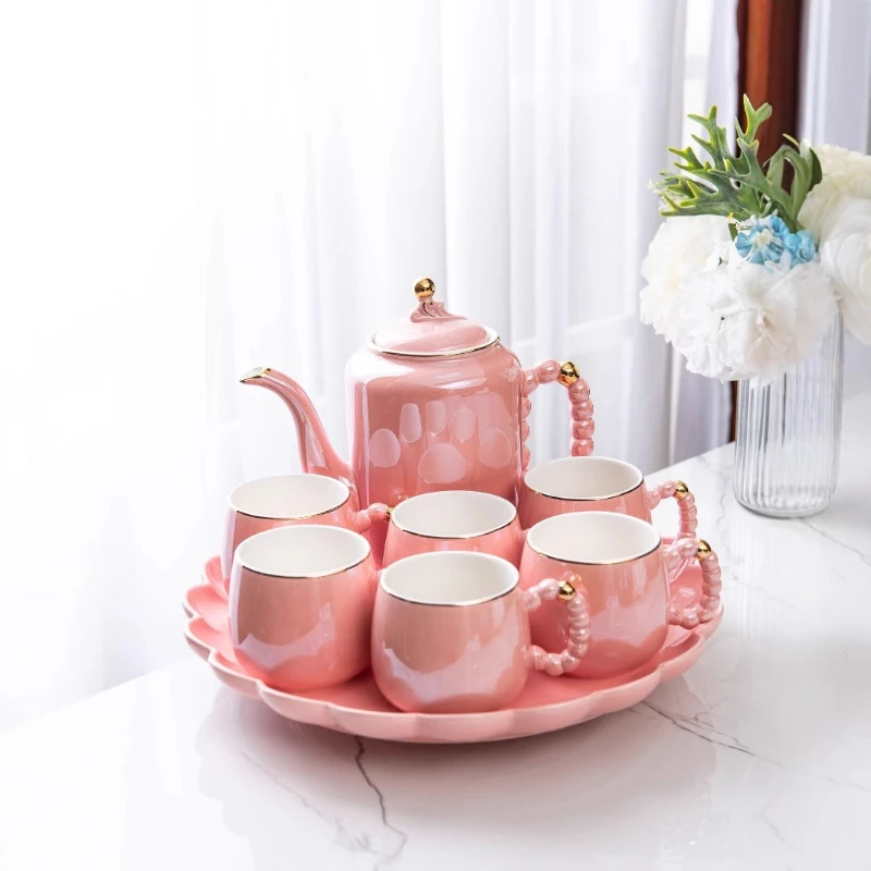 

Pearl white ceramic water set household living room pearl handle teapot light luxury tea set water set