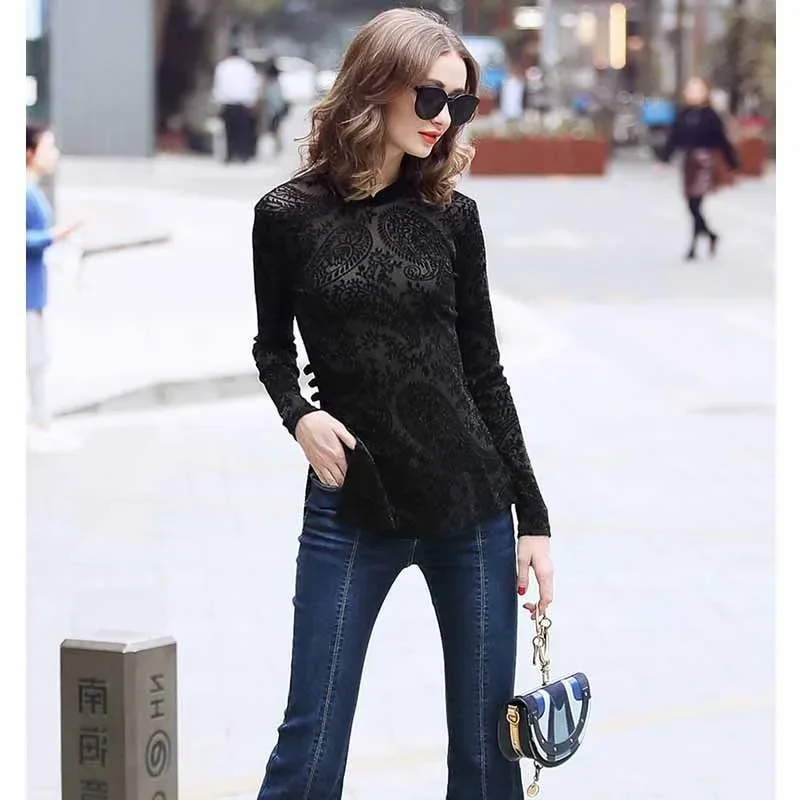 Top Cheongsam Sexy de encaje para primavera y otoño, blusa Qipao de manga larga con cuello mandarín, Tops chinos Vintage negros para mujer 10367 MN1 2024