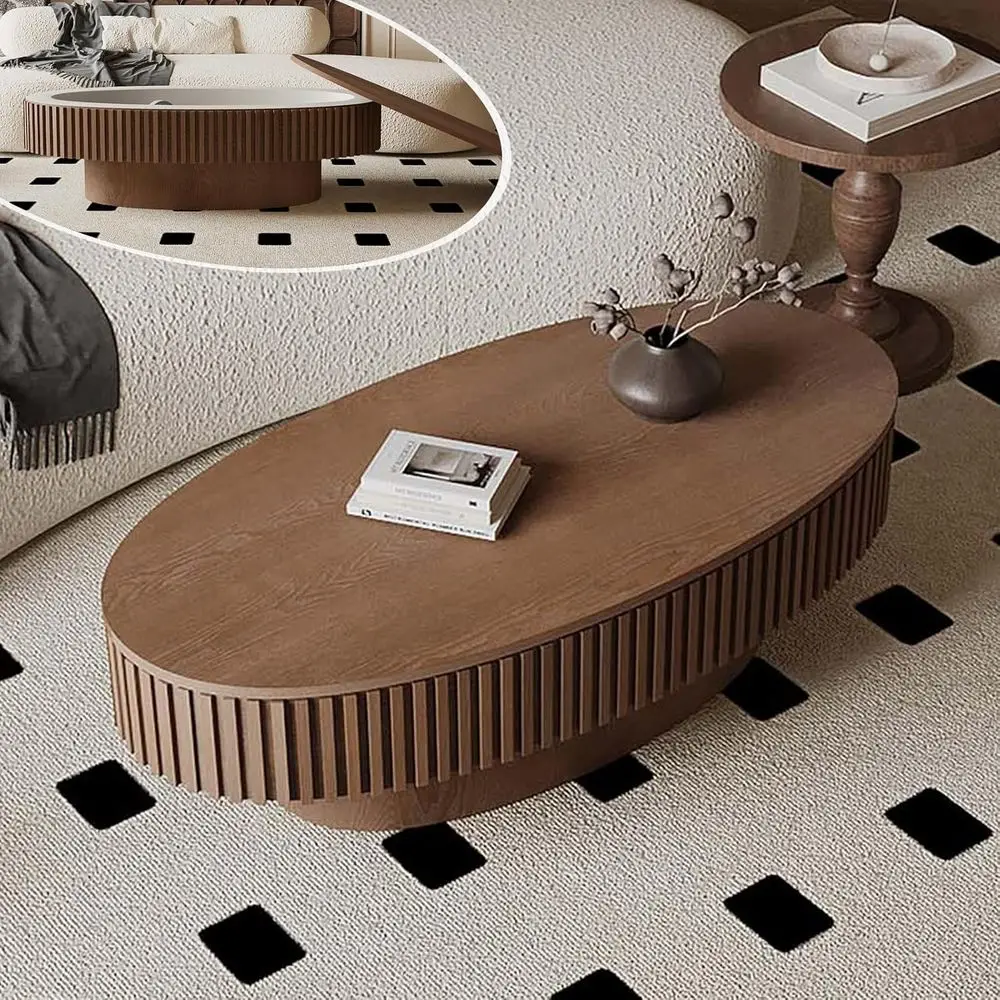 

Walnut Coffee Table with Solid Wood Veneer, Storage and Lute-Shaped Design, 47.2L×23.6W×14.2H