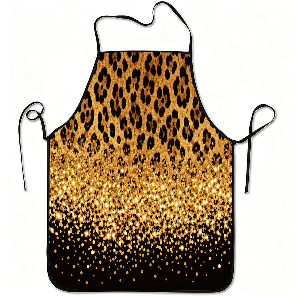 1pc Golden Leopard Glitter Apron with Adjustable Waistband - Durable Easy-Clean Polyester Suitable for Kitchen Cooking, Gardenin