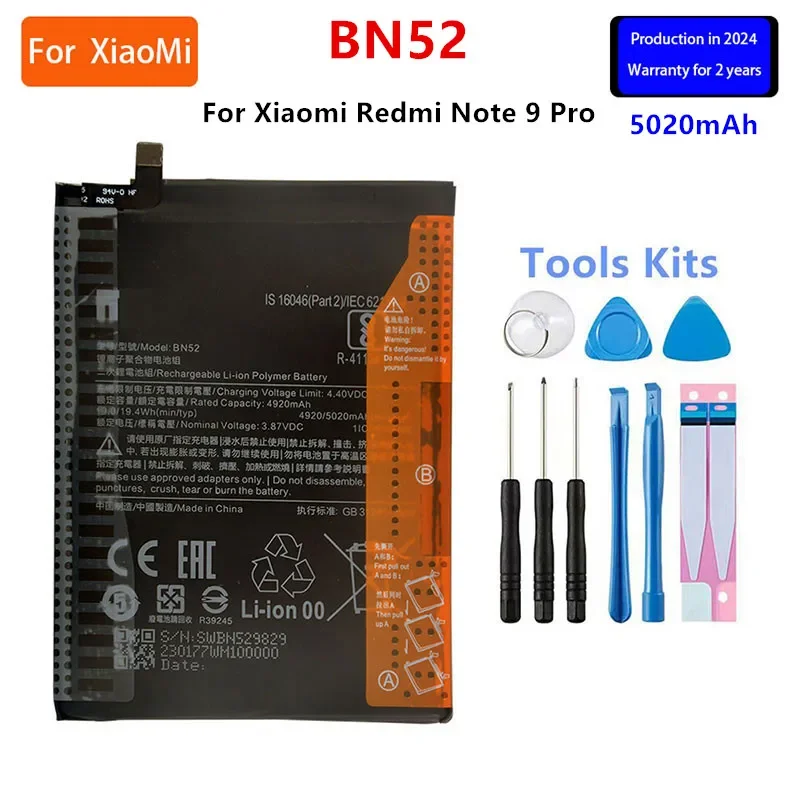 

2024 years Brand New BN52 5020mAh Battery For Xiaomi Redmi Note 9 Pro Phone Replacement Batteries+Tools