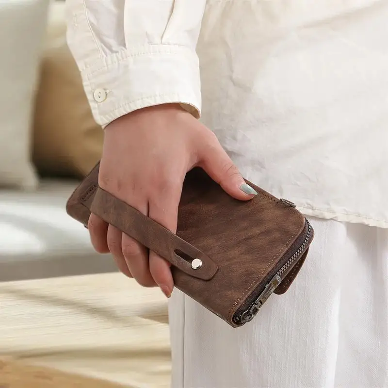 محفظة أنيقة متعددة الفتحات للبطاقات للرجال والنساء؛ PU، سحاب طويل، جيب للعملات المعدنية ومحفظة حقيبة الهاتف.