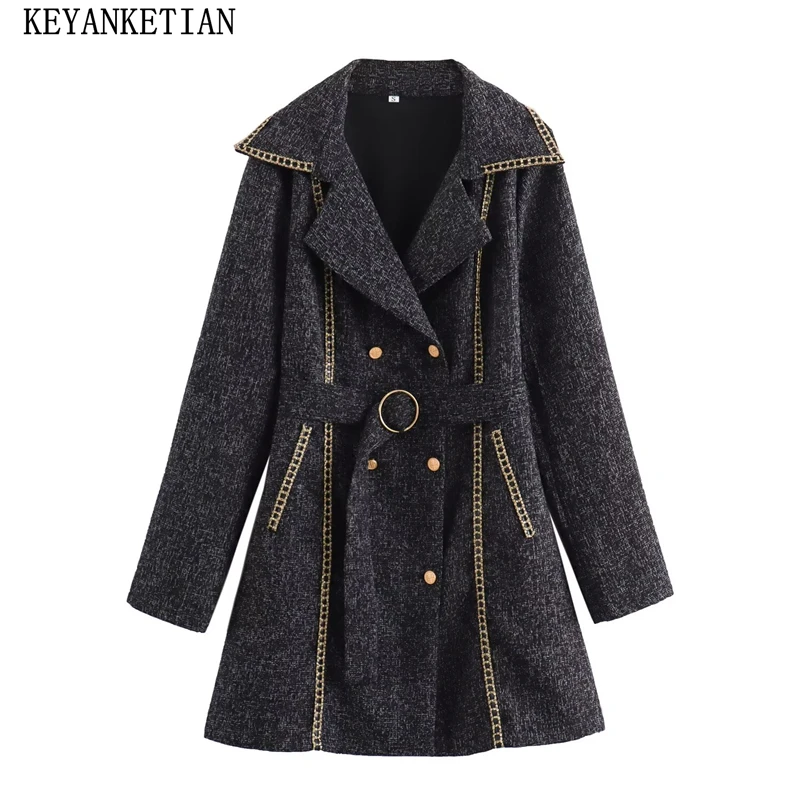 

KEYANKETIAN 2024 New Women Tweed Texture Mid-length coat Autumn/Winter Binding Decoration With Belt Office Lady Blazer Outerwear