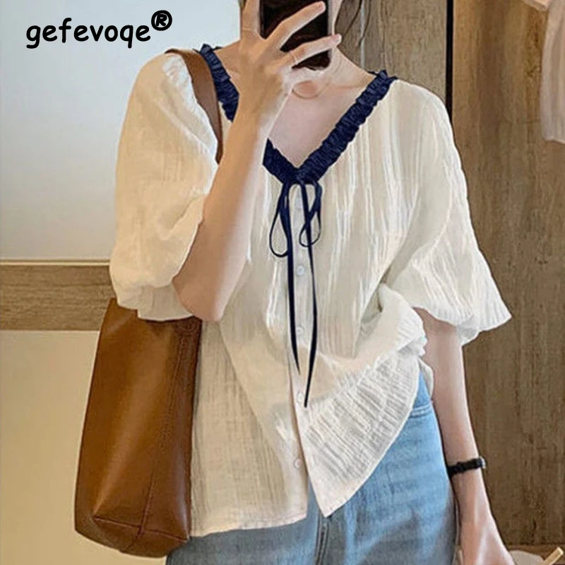 

Women Ruffle Lace Up Contrast Color Preppy Style Button Shirts Summer Trendy Short Sleeve Loose Blouse Simple Casual Tops Blusas