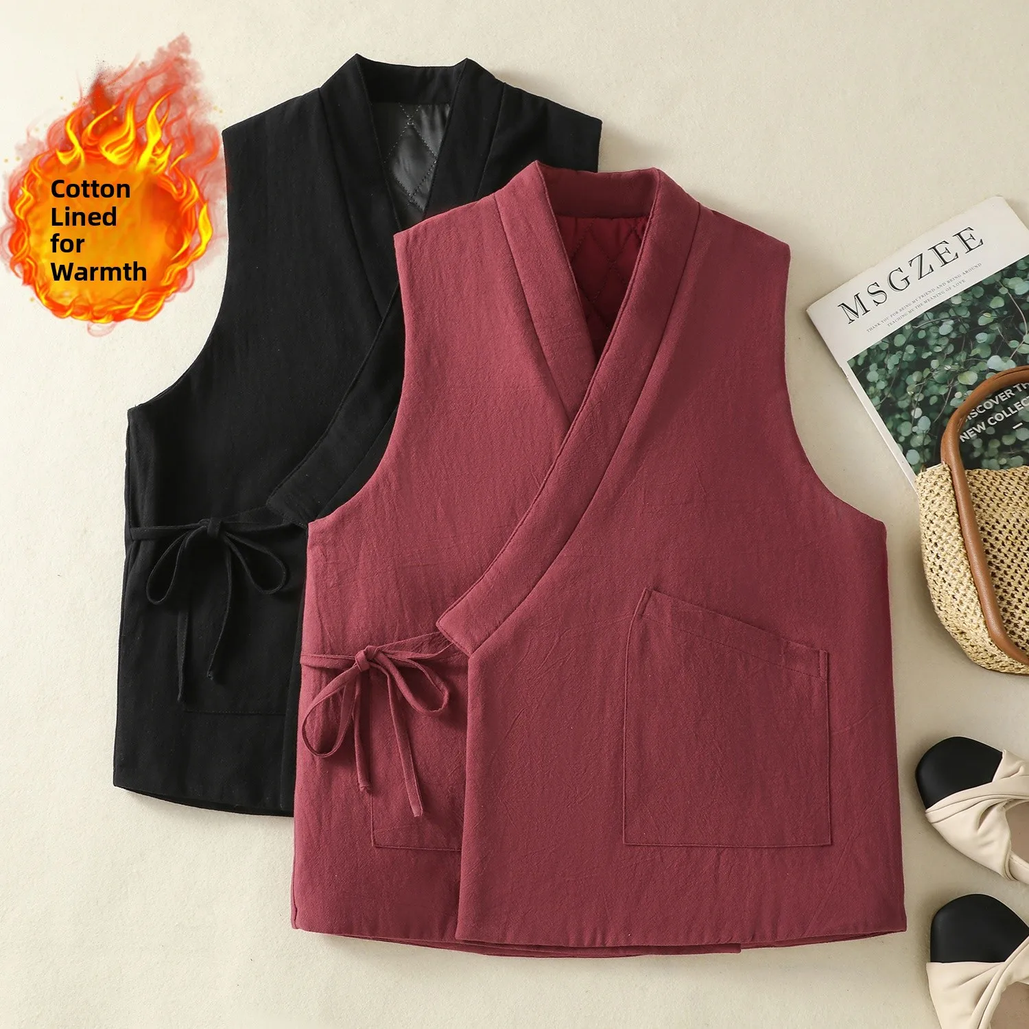 

Thickened Cotton Linen Vest Women's Autumn Winter Chinese Style Retro Zen Clothes Belted Shoulder Ethnic Style Warm Top