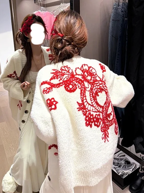 

New Year Atmosphere Heavy Embroidery Knitted Open Cardigan Women's Spring Style Loose Lazy Slimming Sweater Jacket