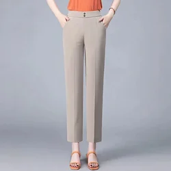 Spring Autumn Women's Solid Color Button Elastic High Waist Pockets Casual Trousers Straight Trouser Suits Comfortable Pants