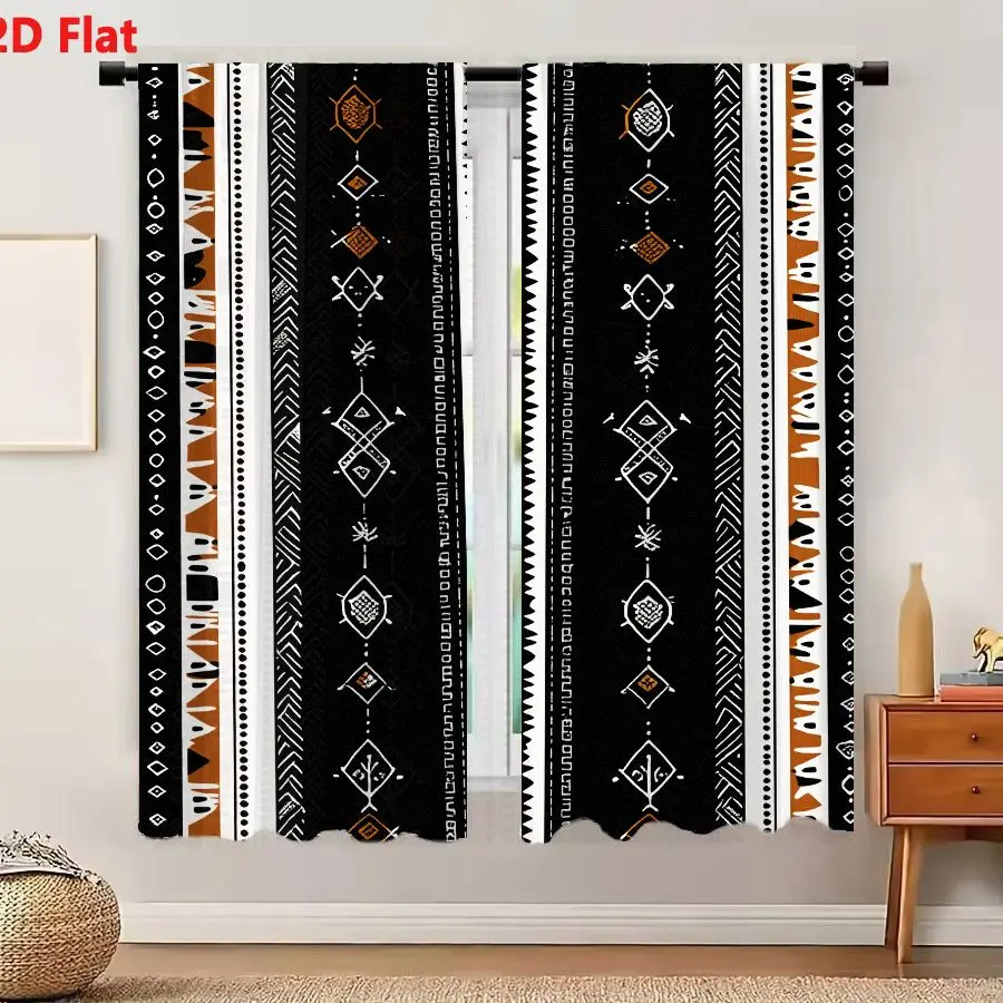 2Pcs Curtains 2D Flat Vertical Repeating Pattern With Geometric Tribal Motifs In White And Tan On Black Background Window Drapes