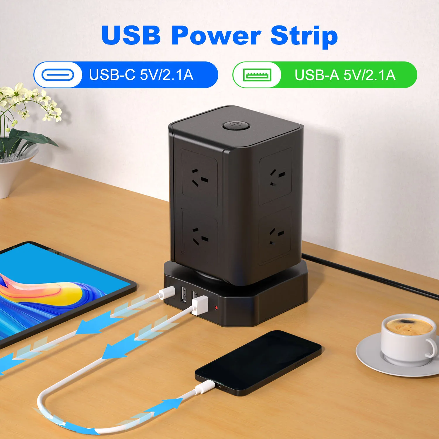 2M Australian Standard 8-Outlet Surge Protector Power Strip with 1 Type-C & 3 USB Ports, Vertical Tower with Switch