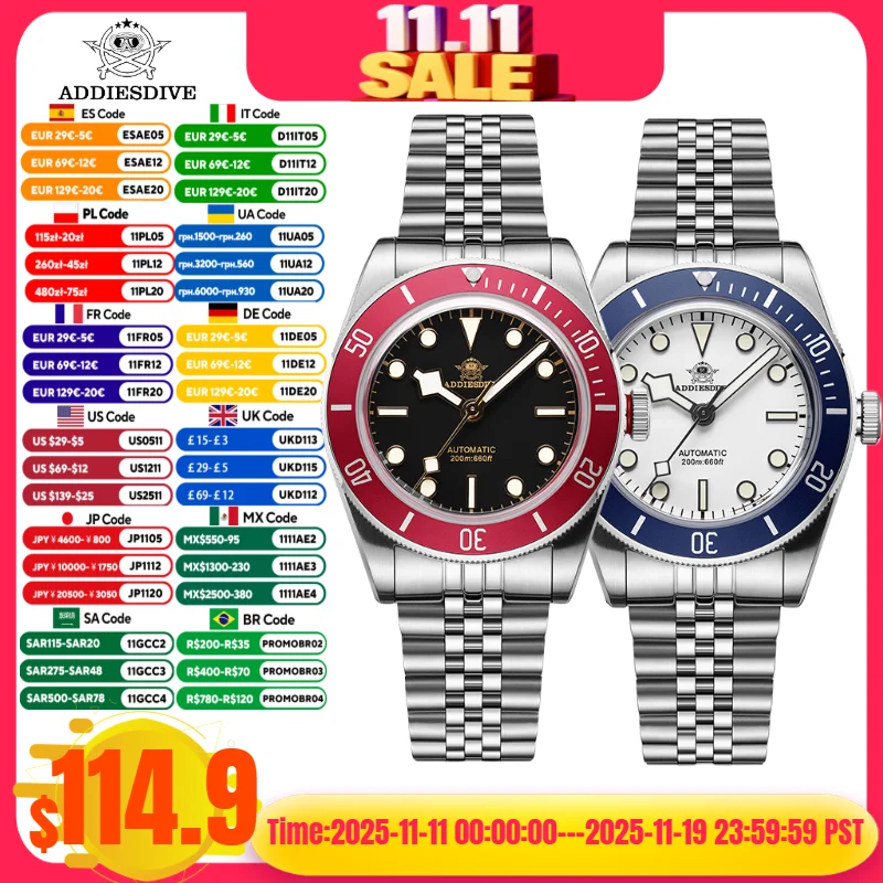 

ADDIESDIVE 39mm Watches For Men Sapphire Glass BGW9 Super Luminous 200M Waterproof 316L Steel Automatic Mechanical Watches