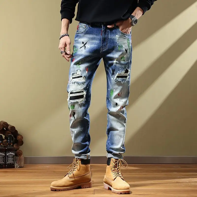 2022 New Vintage European and American Embroidery Printed Scratched Jeans Men's  Slim Fit Elastic Leggings  skinny jeans men