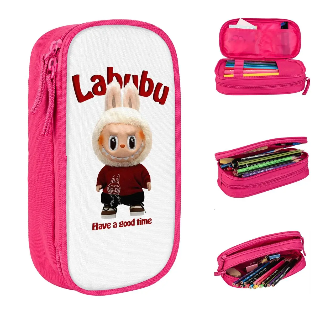 Fun LABUBU Red Have A Good Time Pencil Case Pencilcases Pen Box for Girls Boys Large Storage Bag Office Cosmetic Stationery