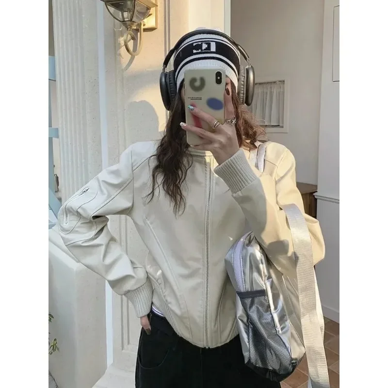 Chaquetas de cuero PU con cremallera y cuello levantado para Mujer, Chaquetas informales holgadas para Moto, Chaqueta de manga larga para Mujer, abrigos para otoño 2024