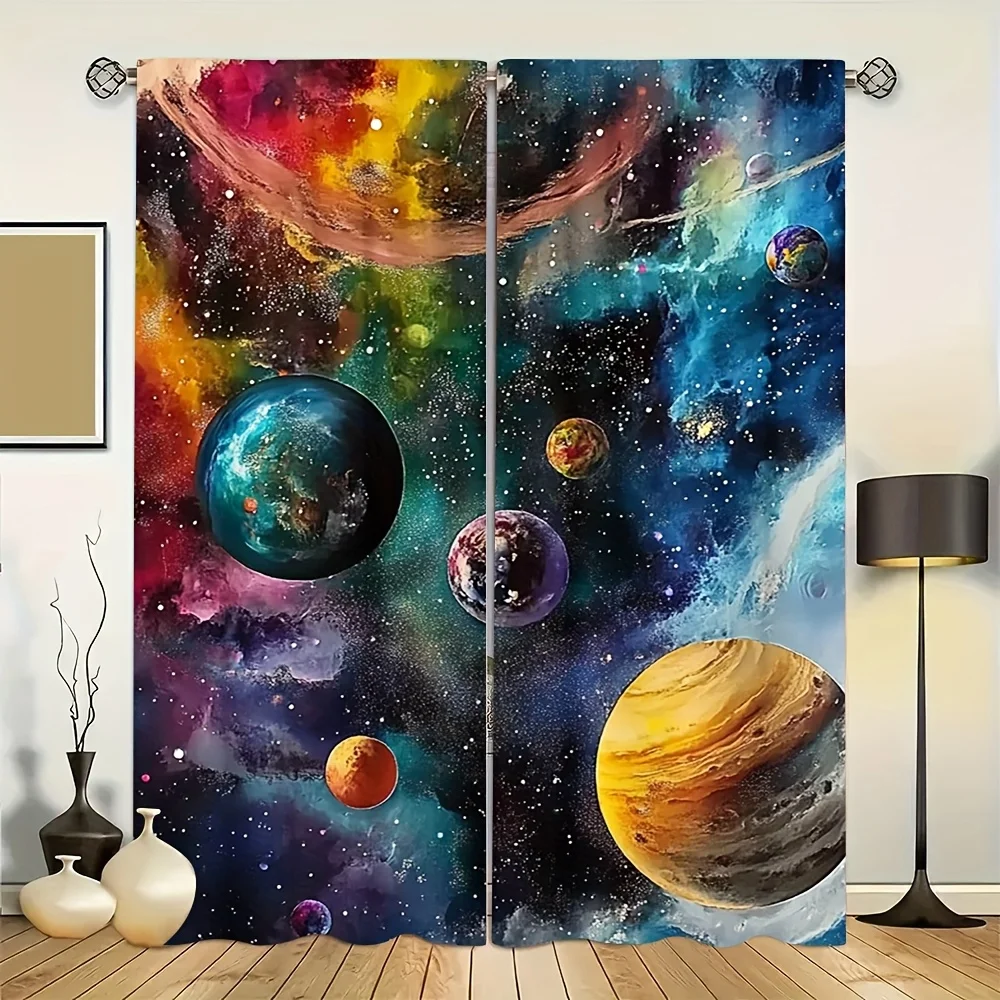 2pcs Vibrant Space-Themed Polyester Curtains - Artistic Planet & Nebula Design, Semi-Transparent, Rod Pocket for Easy Hanging, P
