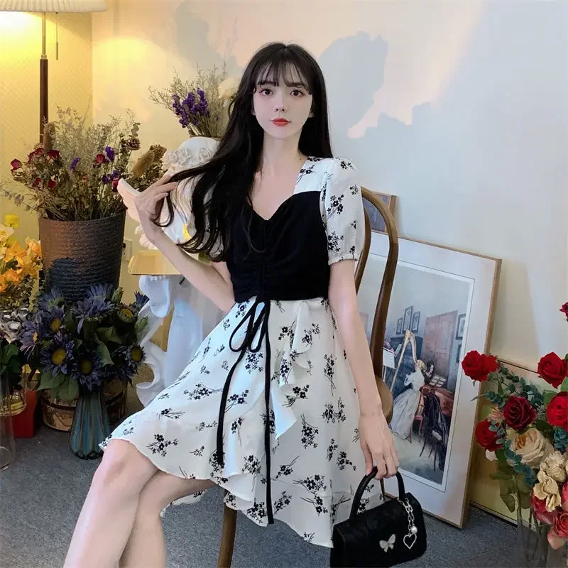 Kawaii Mini Silk Clothes Fairy Floral Chiffon Dresses for Women 2024 Flower White Short Satin Woman Dress Cute Aesthetic Vintage