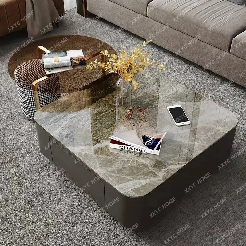 Glossy Rock Slab Coffee Table and TV Cabinet Set Simple Living Room Home Round Glass Table