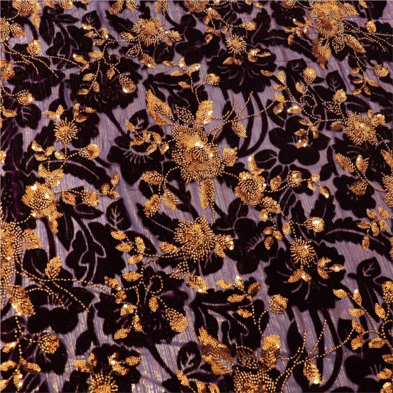 tessuto tridimensionale con perline di fiori ricamati con linee dorate, tessuto con paillettes per abiti da sposa, abiti da sera e donne