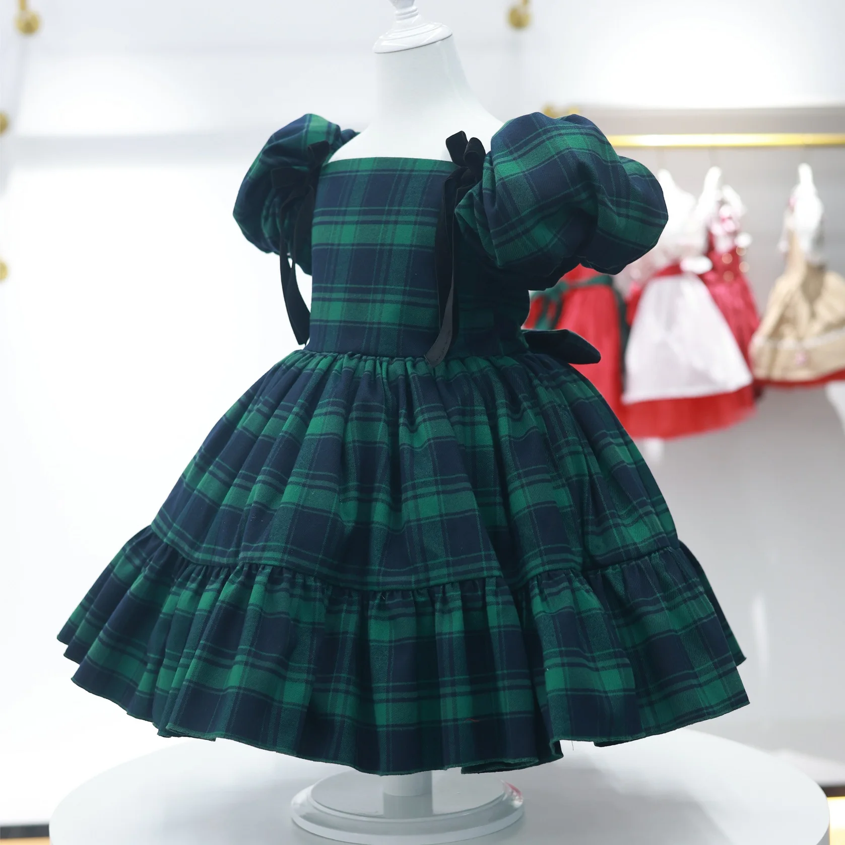 0-12Y طفلة الصيف الخريف الأخضر منقوشة خمر الإسبانية الأميرة الكرة ثوب ثوب لعيد السببية عيد الميلاد C157