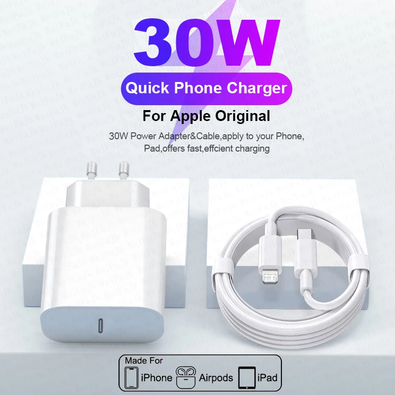 Original PD 30W Type C Quick Charger For APPLE iPhone 15 14 13 12 11 Pro Max SE Mini X XS XR 7 8 Plus Fast Charging iPhone Cable