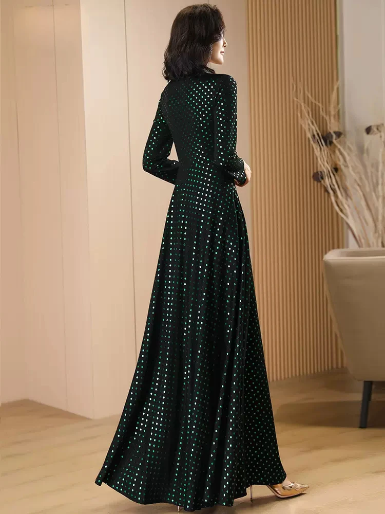 New Women Polka Dot Long Dress Spring Autumn Elegant Fashion Sexy V-Neck Long Sleeve Slim Waist A-Line Lengthened Dresses