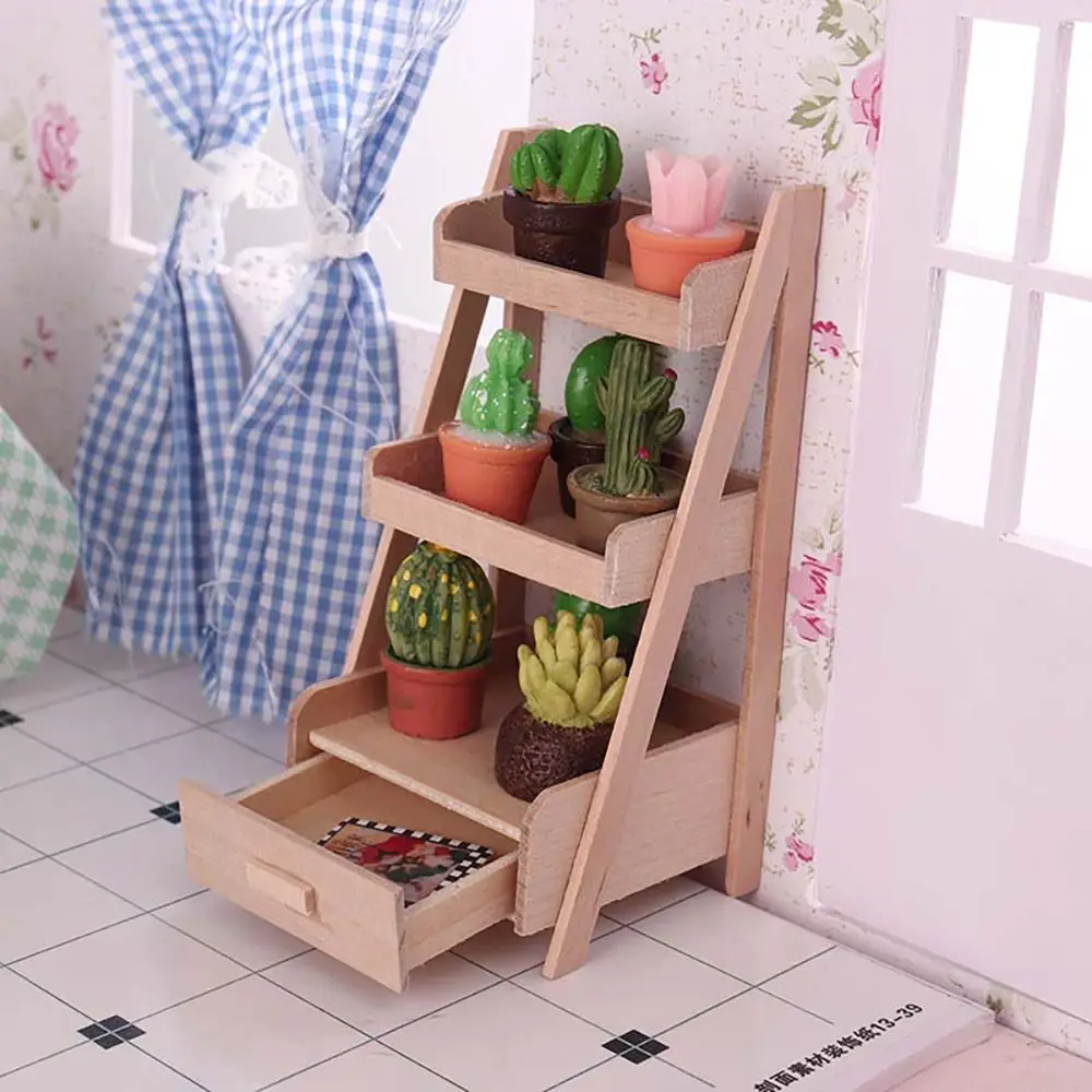 1:12 Scale Dollhouse Furniture Miniature Teatable Wood Stool Flower Rack Dolls Accessories Photography Props Scenery Model Toy