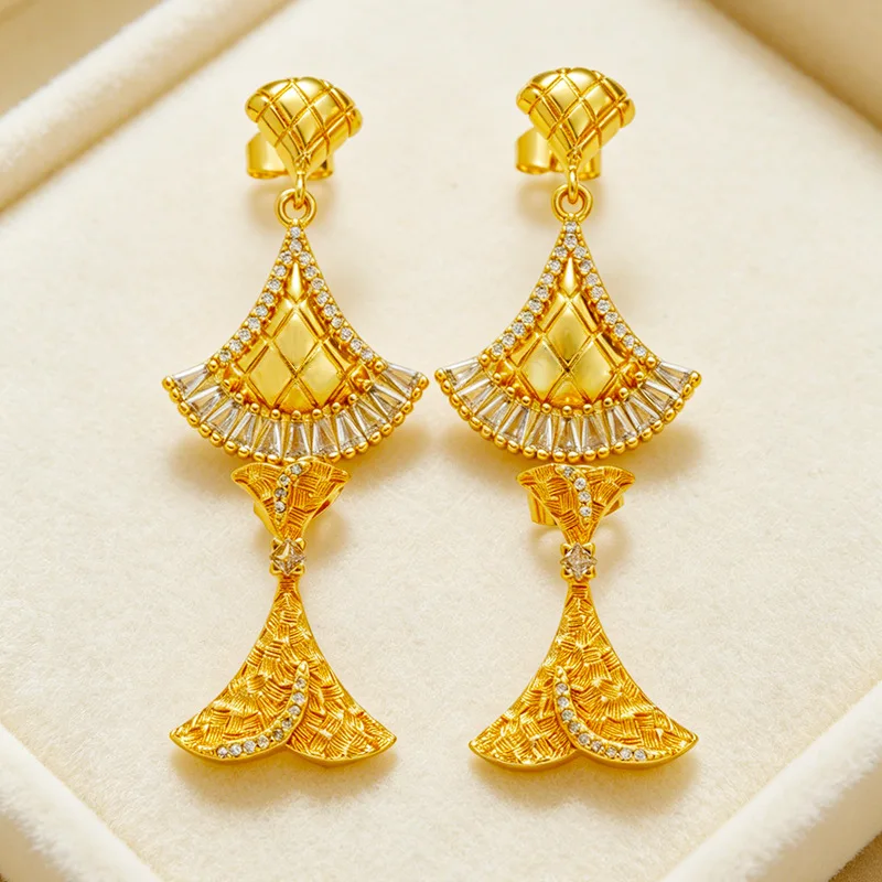 Sweet souvenir gift suitable for ladies, Fan-shaped Micro Inlaid Fish Tail Ear Drops meticulously made of 24K Gold AU999 fine