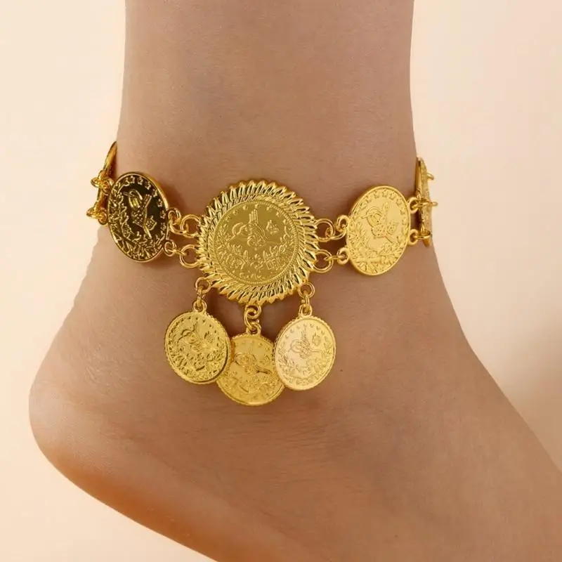 Fashionable Vintage Anklet Coin Ankle Bracelet Adjustable Feet Chain Leg Ankle Bracelet Alloy Texture for Feet C71A
