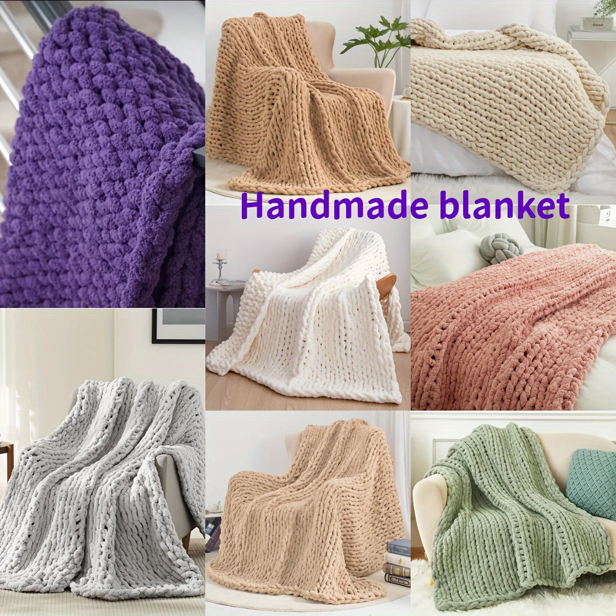 Chunky Knit Throw Blanket Handmade with Soft Chenille Yarn Thick Table Knitted Blankets Large Rope Knot Crochet Throws for Sofa