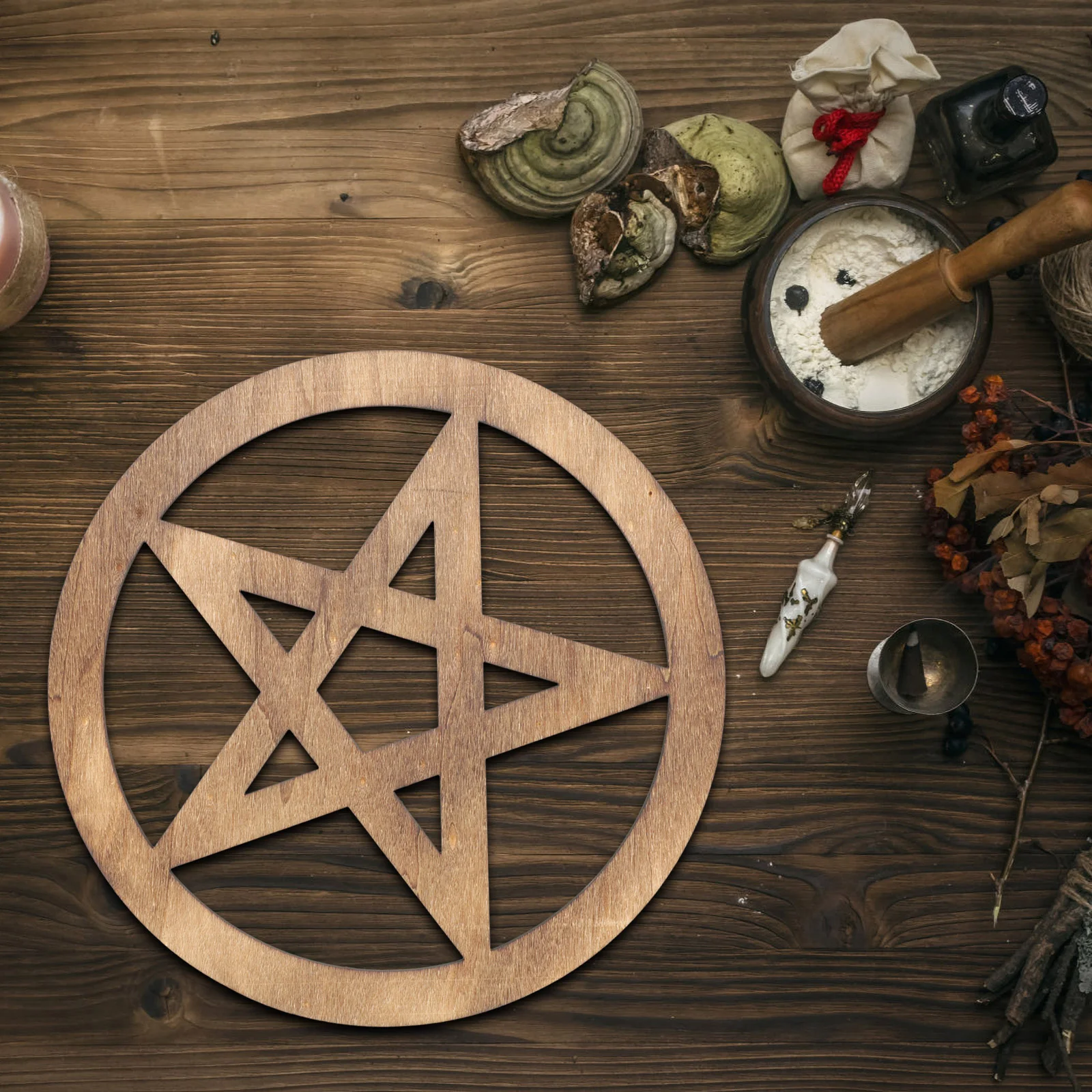 Pentagram Decoration Practical Wooden Altar Tile Ceremony Carving Ritual Ornaments Vintage Home