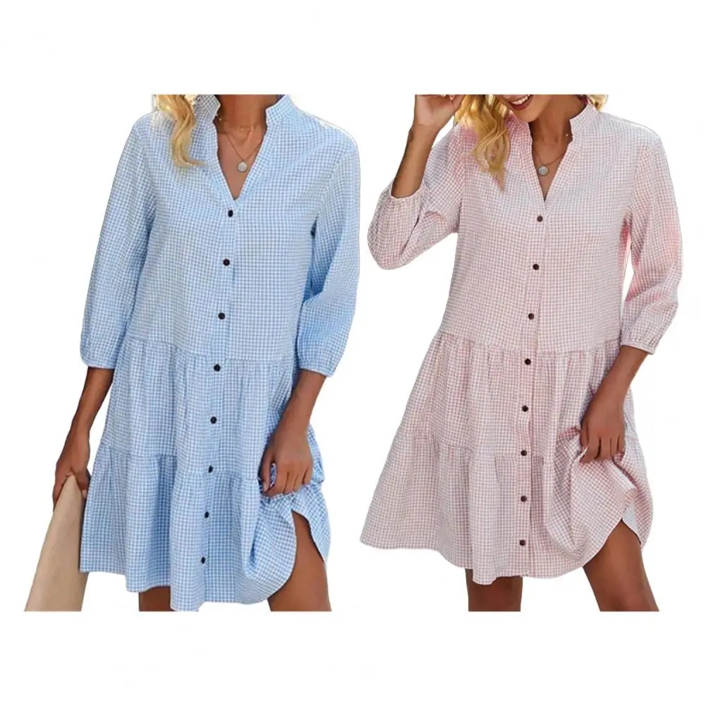 Minivestidos de manga larga con estampado de rayas para mujer, Vestido camisero de un solo pecho para ir al trabajo, dobladillo de retazos multicapa, Vestido de playa